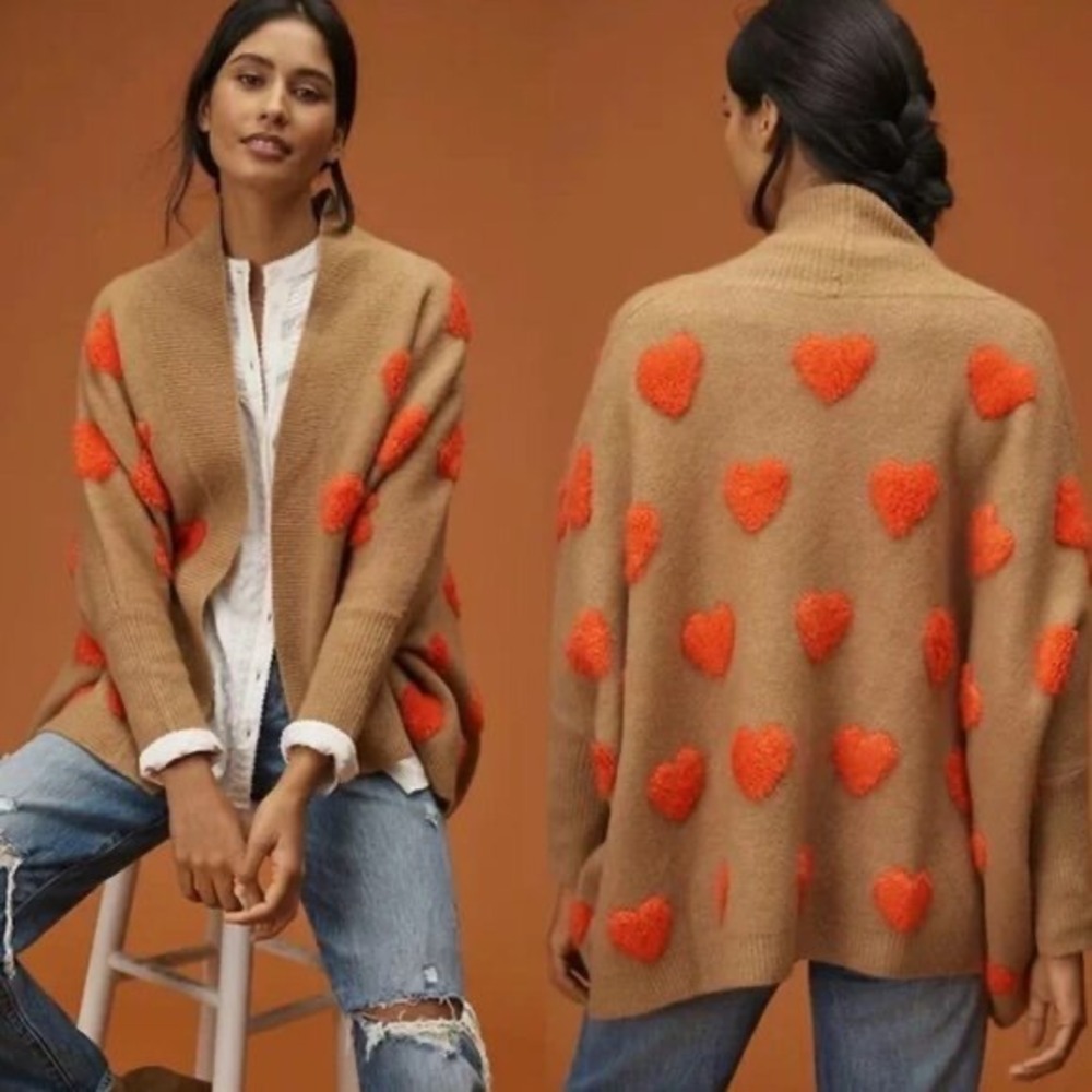 Anthropologie Heart Boucle Knit Cardigan Sweater Brown Red Open Front One Size